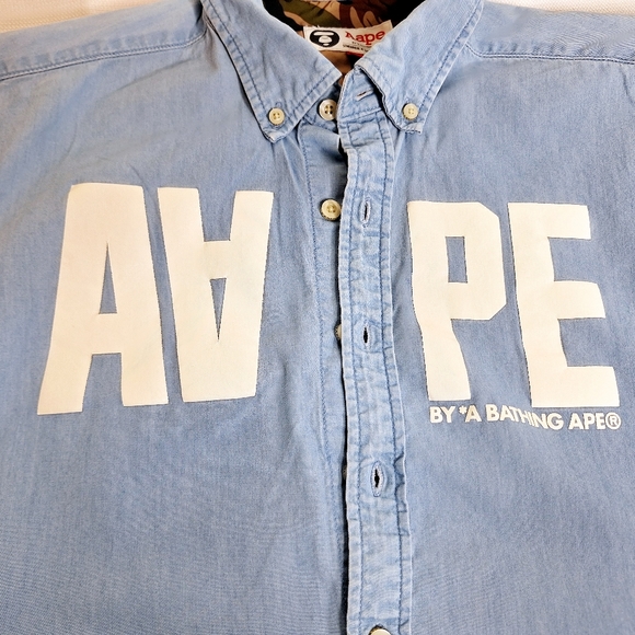 A Bathing Ape Brand " The Chambray Ape" button-down short sleeve shirt size L. - Picture 13 of 13